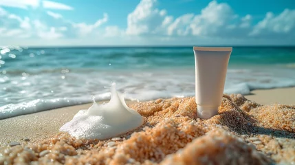 Fotobehang Close shot of sunscreen bottle kept on sand near sea beach a mockup, Generative AI. © Noobs