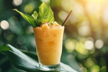 Freshness mango, passion fruit lassi, cocktail or juice on tropical leaves under palm shadow. Cold beverage with ice cube for vacation and relax. Close up.