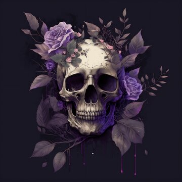 AI generated illustration of a macabre image of a skull with purple roses adorning its forehead