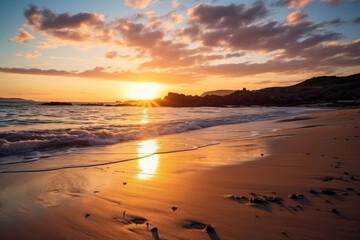 Obraz premium Tranquil Coastal Serenity: A Vibrant Sunset Over the Magical Seascape, Painting the Horizon with Shades of Orange and Red, Reflecting its Beauty on the Calm Waters and Sandy Shoreline, Creating a