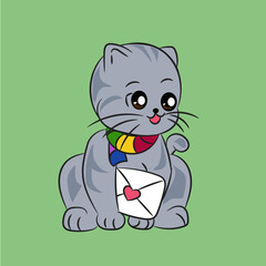 A cute flat logo with a cute cat holding an envelope