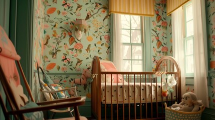 Charming Nursery with Vibrant Crib, Rocking Chair & Whimsical Animal and Flower Wallpaper