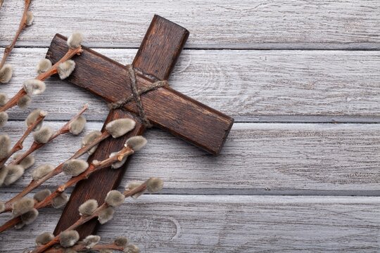 Easter wooden cross with fresh willow