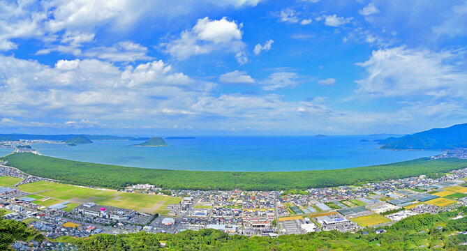  Superb view of Nijinomatsubara, a long pine forest in Karatsu city, Saga prefecture, Japan, From Kagamiyama observation terrace