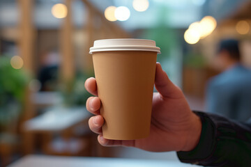 A hand holding a disposable eco-friendly cardboard cup with takeaway coffee inside a building