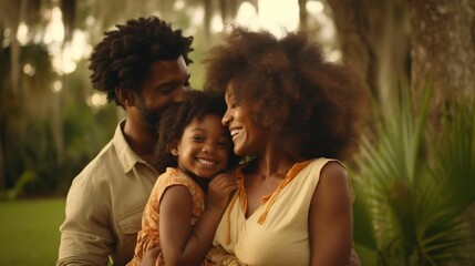 AI generated illustration of a joyful African American family embracing in a green park