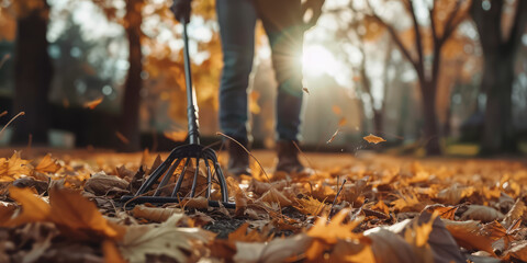 Autumn Leaf Cleanup in Warm Light. Person raking fall leaves in sunlit yard with a fan rake. - obrazy, fototapety, plakaty
