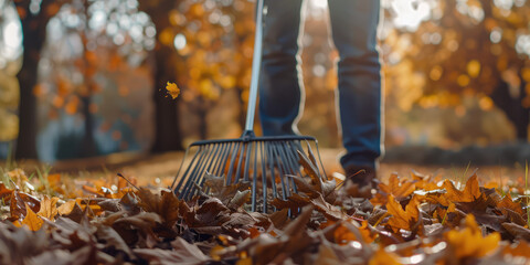 Autumn Leaf Cleanup in Warm Light. Person raking fall leaves in sunlit yard with a fan rake.