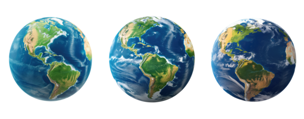 Set Earth globe from space isolated png image, north and south America physical map on a transparent background. Satellite for crop image use.