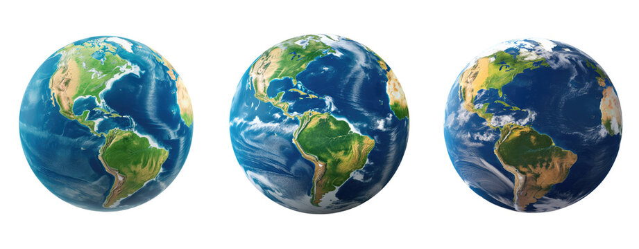 Set Earth globe from space isolated png image, north and south America physical map on a transparent background. Satellite for crop image use.