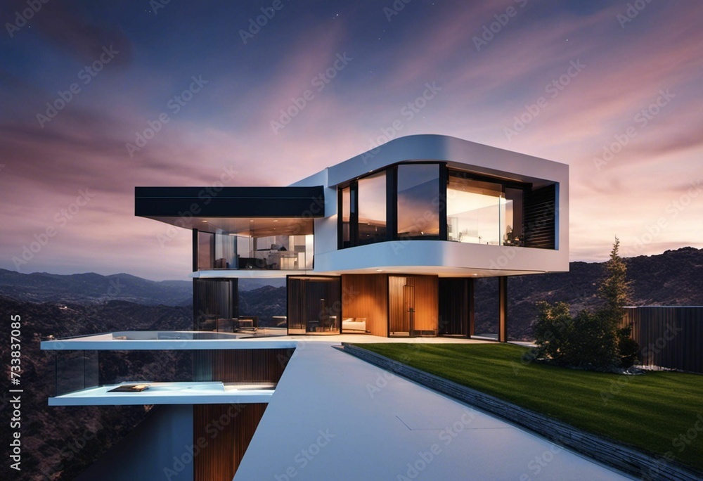 Wall mural ai generated illustration of a modern house on the hills with a stunning view of the landscape