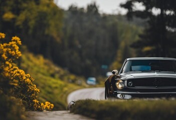 AI generated illustration of a classic car driving on a scenic rural road with lush green trees