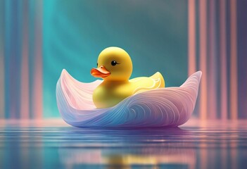 AI generated illustration of a yellow duck toy floating atop the surface of a tranquil body of water