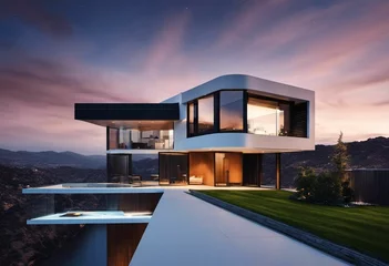 Foto op Aluminium AI generated illustration of a modern house on the hills with a stunning view of the landscape © Wirestock