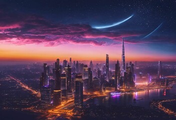 Fototapeta na wymiar AI generated illustration of a stunning city skyline illuminated by the golden sunset