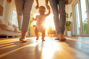 Baby's first steps. Loving parents supporting baby's first steps