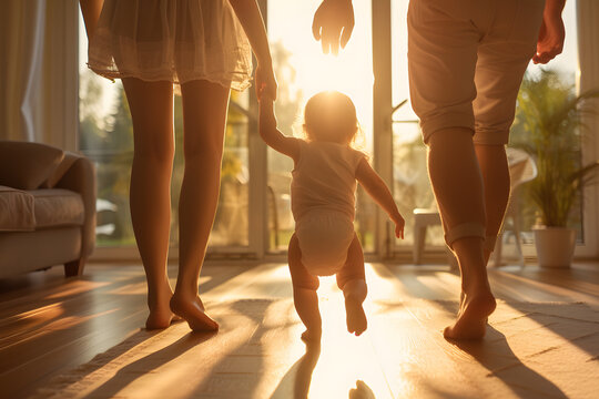 Baby's first steps. Loving parents supporting baby's first steps