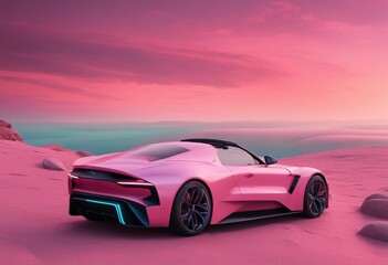 Fototapeta premium AI generated illustration of a sleek pink sports car parked on the beach in front of a pink sunset