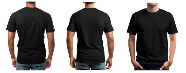 set of plain black t-shirt and man back and  front for PNG mockup on transparent background crop image use.
