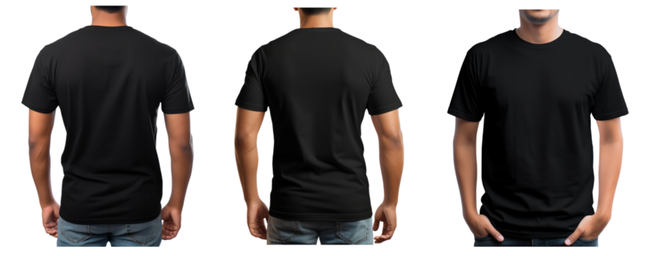 set of plain black t-shirt and man back and  front for PNG mockup on transparent background crop image use.