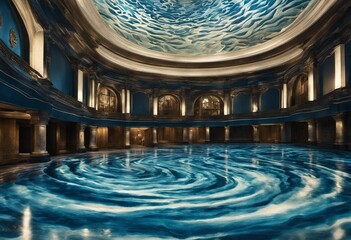 Obraz premium Modern room featuring a blue and white wave pattern on the ceiling and floor, AI-generated.