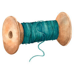 A spool of green thread. Hand drawn watercolor illustration оf bobbin reel on isolated background. Drawing of equipment for tailor. Design for prints, stickers, postcards, pattern, posters.