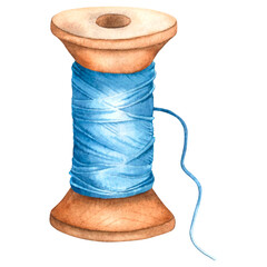 Blue thread concept. Wooden spool of thread for clothing production. Hand drawn watercolor illustration of a reel on an isolated background. Tool for needlework. Poster or banner for the website