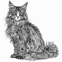 Sketch of a cat in tribal style. Coloring page. Vector illustration.