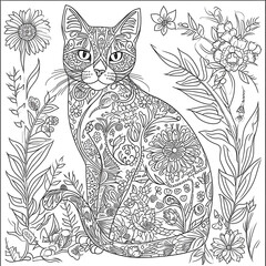 Cat with floral ornament. Coloring page. Hand drawn vector illustration for adult coloring page.