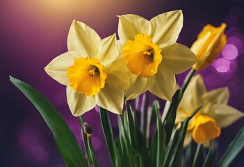 AI generated illustration of yellow daffodils on a bokeh purple background