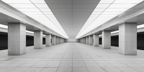 Deserted Subway Platform background. Empty modern subway station with columns, nobody.