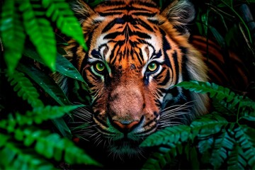 AI generated illustration of a tiger looks out from between some ferns and leaves at night