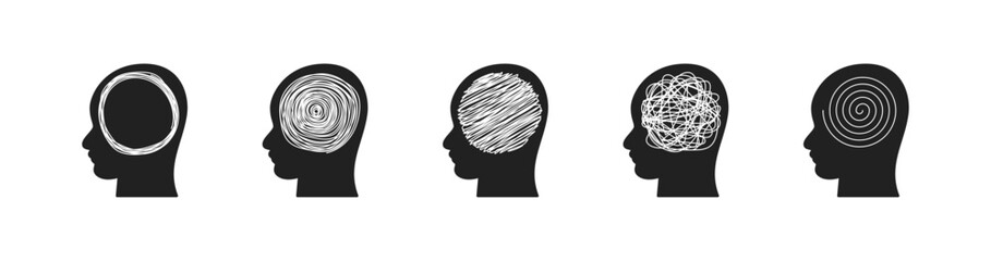 Human head with hand drawn circle elements. Thinking, psychotherapy concept. Vector EPS 10 - obrazy, fototapety, plakaty
