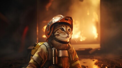 AI generated illustration of an adorable kitty cat dressed in a firefighter uniform - obrazy, fototapety, plakaty