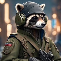 a raccoon wearing a military outfit and headphones - obrazy, fototapety, plakaty