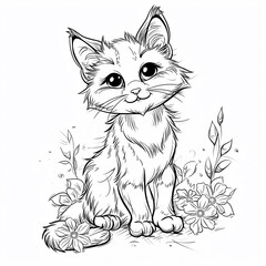 Kitten sitting with flowers, sketch for your design. Coloring page. Vector illustration