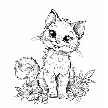 Cute cat with flowers, sketch for your design. Coloring page.Vector illustration
