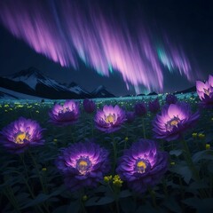 AI generated illustration of a sky illuminated by aurora borealis with purple flowers in a field