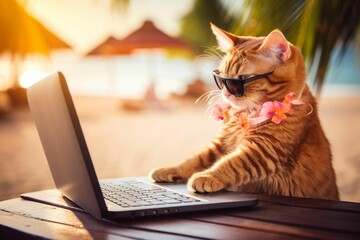 AI generated illustration of An orange cat wearing glasses while using a laptop computer in a beach