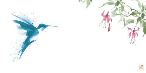 Ink wash painting of fuchsia flowers and hummingbird in flight. Traditional oriental ink painting sumi-e, u-sin, go-hua. Hieroglyph - grace - 733838836