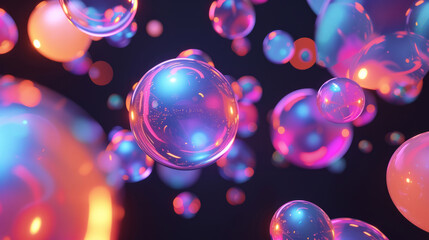 Blue and purple pink gradient color floating liquid blob. 3d render, abstract pastel pink blue background with iridescent magical air bubbles, wallpaper with glass balls or water drops