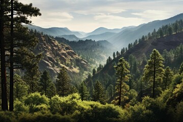 Fototapeta premium AI generated illustration of a mountain range with lush green forest on a sunny day