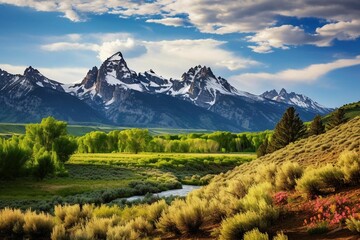 AI generated illustration of a mountain range with lush green forest on a sunny day