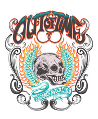 Fototapeta premium T shirt print design and poster art illustration featuring hand drawn custom typography slogans, skulls, wreaths, flames, and ornamental illustrations