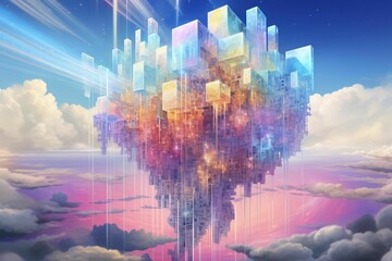 AI generated illustration of digital holographic colorful cubes in the fluffy clouds