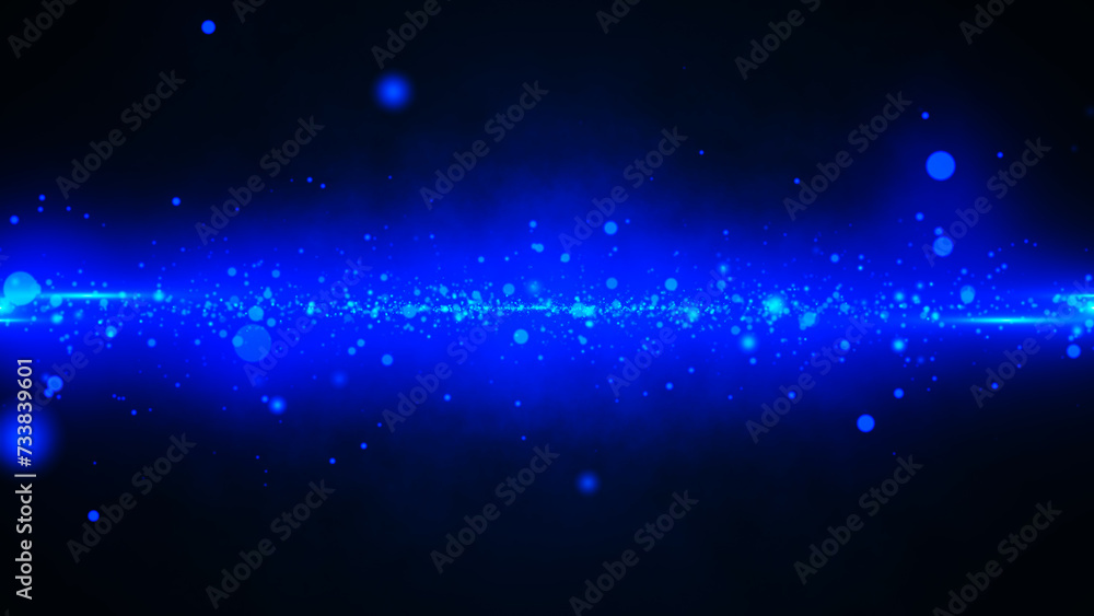 Poster abstract particle movement on a neon blue background. animation of fast moving bright particles on a