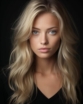 An AI illustration of a young blond woman in black with blue eyes and long blonde hair
