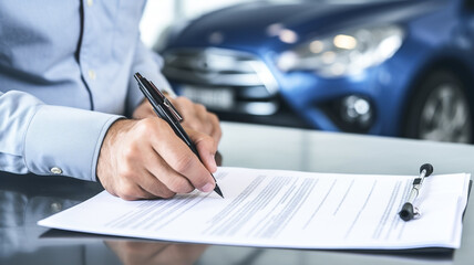Auto insurance policy signature. Warranty or guarantee. Customer or salesman.	

 - obrazy, fototapety, plakaty