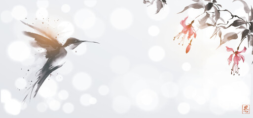 Ink wash painting of fuchsia flowers and hummingbird in flight in black enso zen circle. Traditional oriental ink painting sumi-e, u-sin, go-hua. Hieroglyph - grace © elinacious