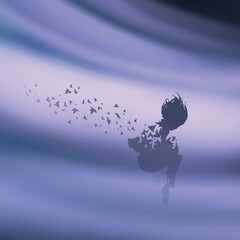 Fototapeta premium Flying man in foggy cloud. Ascension to heaven, angel. Death, afterlife